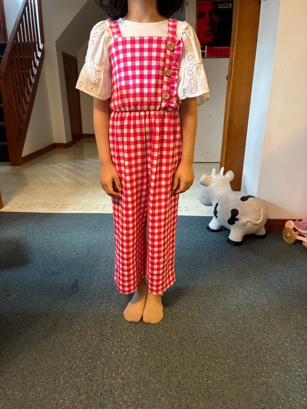 Girls Pink Gingham One-Piece Jumpsuit with Button Detail